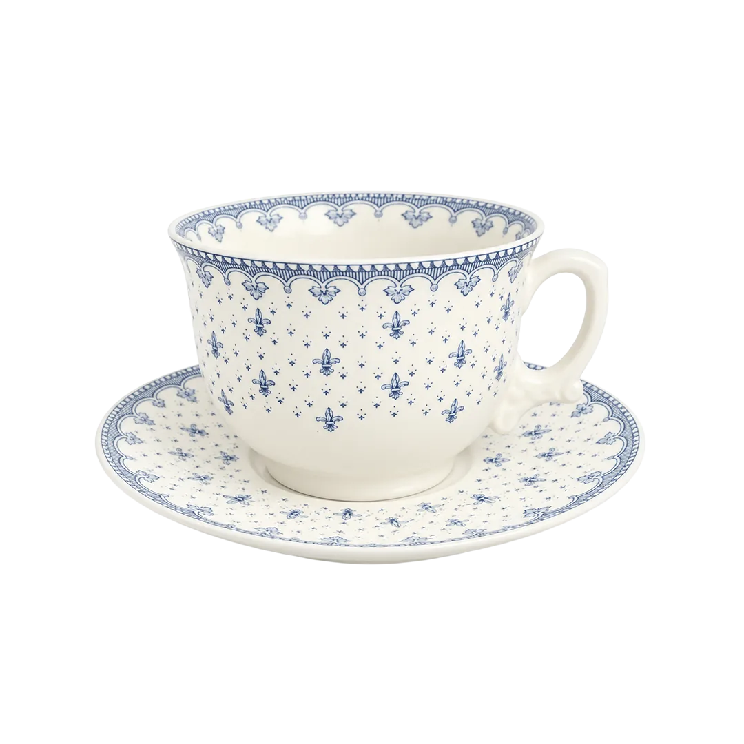 Taza Desayuno Con Platillo Flor de Lis Azul