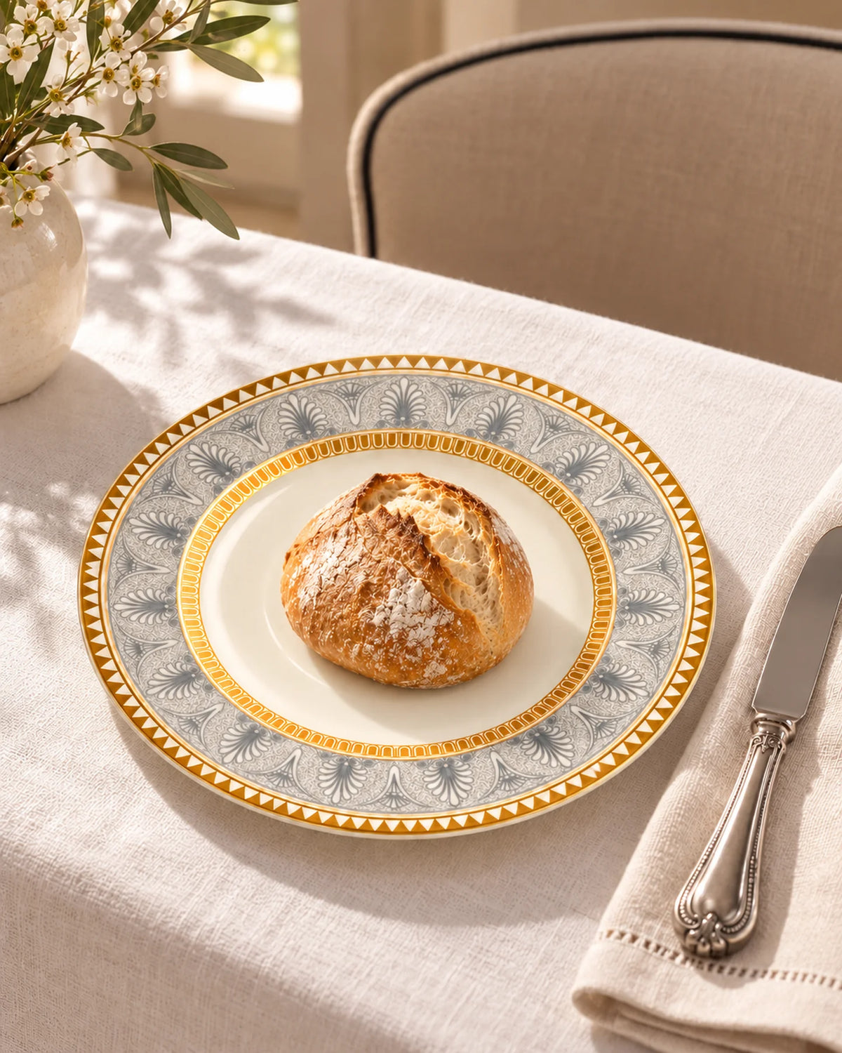 Áurea bread plate with bread served on it, on an elegant table with a linen tablecloth
