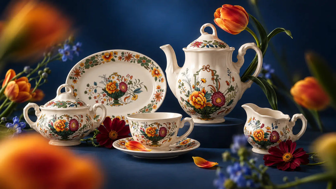Servicio de té Bellavista sobre fondo azul marino con tulipanes