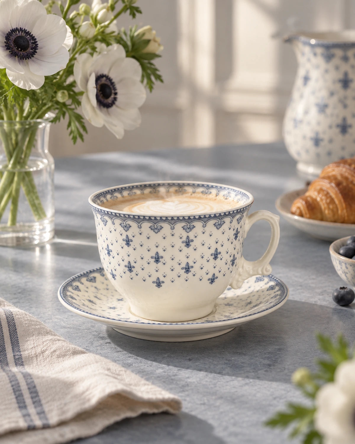 Taza Desayuno Con Platillo Flor de Lis Azul