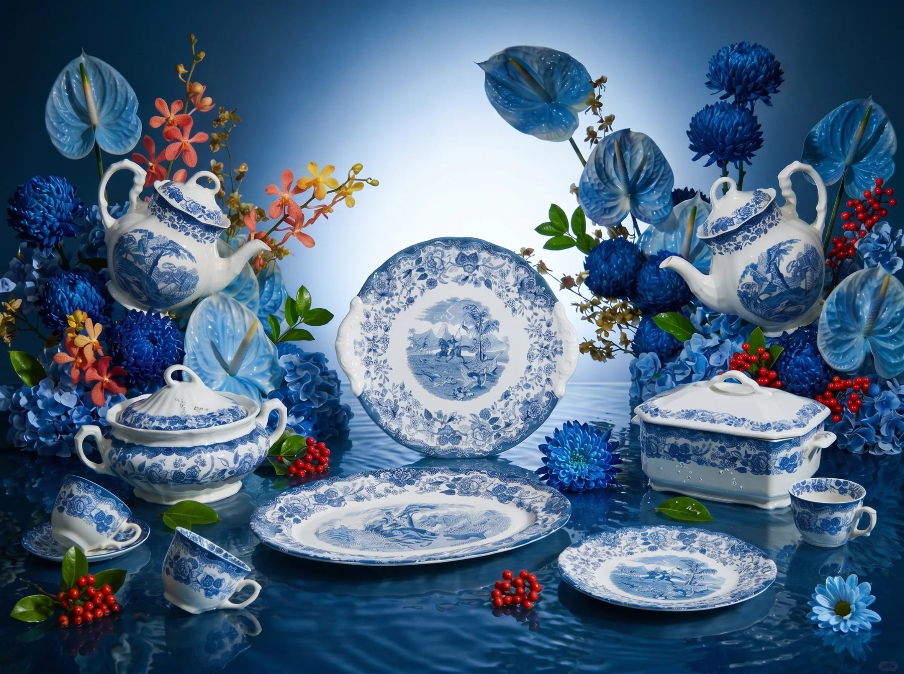 Mesa Aurora Ceilán con piezas azules y flores