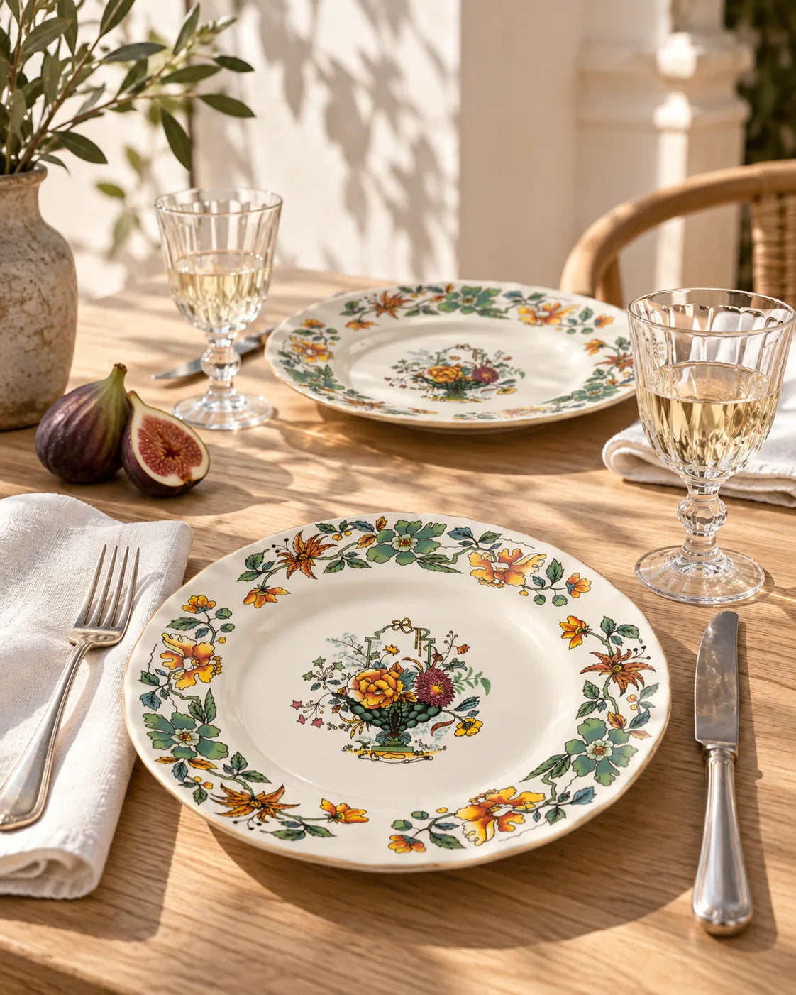 Mesa cotidiana con platos florales