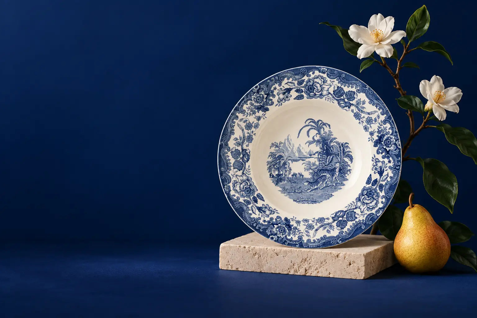 Plato Ceilán, magnolia y pera sobre un fondo azul marino